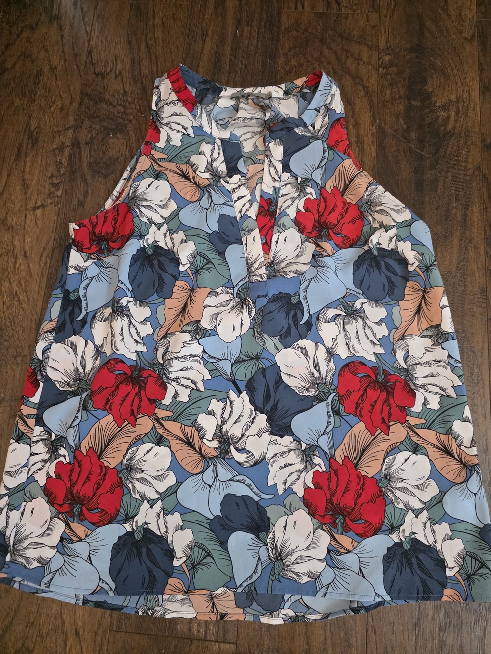 Dalia Floral Keyhole Tank Top - Blue Multi with Red Accents